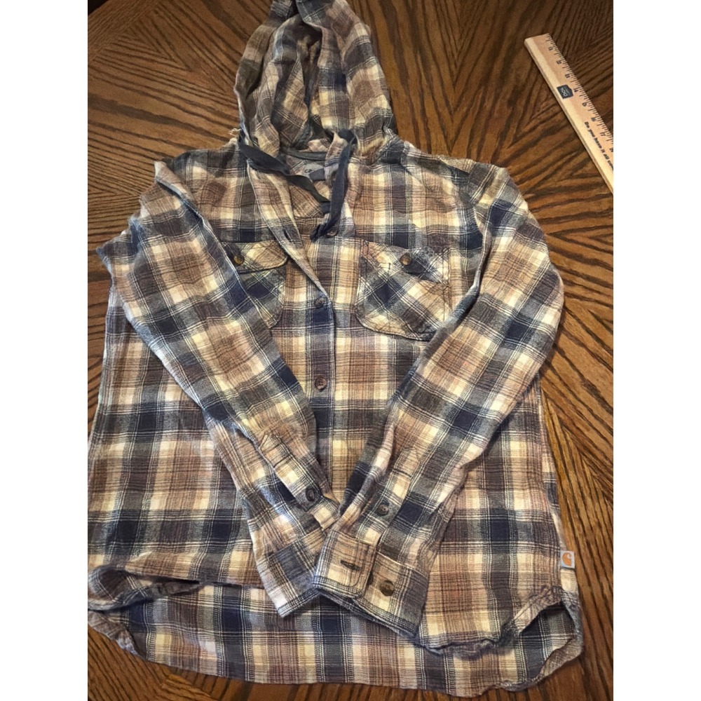 Carhartt Womens XS Blue Tan Plaid Hooded Flannel Shirt Button Up 104517 BLS